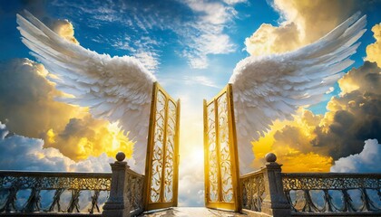 Angels heaven gates welcoming and warm in cloudy un sunny heaven
