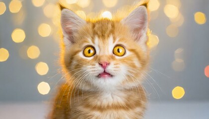 Cute little yellow kitten with big eyes looking at camera with lots of small bokeh lights in the background