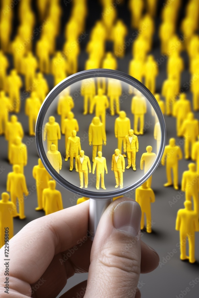 Poster a hand holds a magnifying glass over a group of people. this image can be used to represent investig