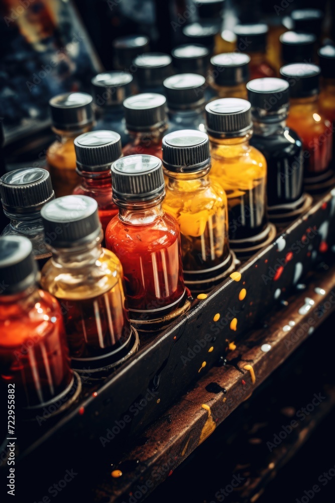 Poster A collection of paint bottles neatly arranged on a shelf. This image can be used to showcase various colors and types of paint for artistic projects