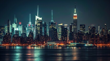 Skyline of New York city at night. Copy space for text.