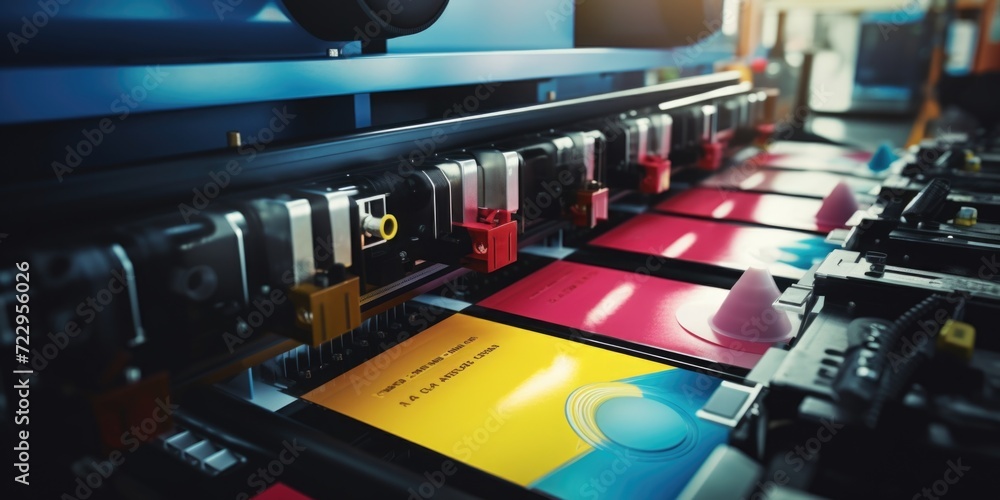 Poster A printing machine with a variety of colored papers. This image can be used for illustrating printing services or creative projects
