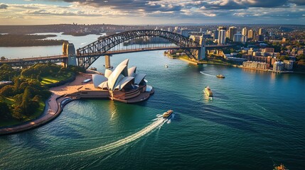 Fototapeta premium Sydney Harbour Bridge in a beautiful summer day, Australia, Sydney, Australia. Landscape aerial view of Sydney Opera house near Sydney business center.