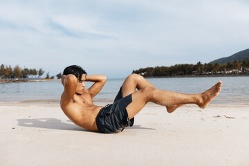 Fototapeta na wymiar Muscular Asian Athlete Running on the Beach, Embracing the Freedom of a Healthy Lifestyle