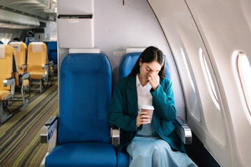 Photo of a frustrated woman sitting on an airplane with her head in her hands. Asian woman sitting...