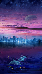 Creative illustration of the evening cityscape with sea and dolphins.