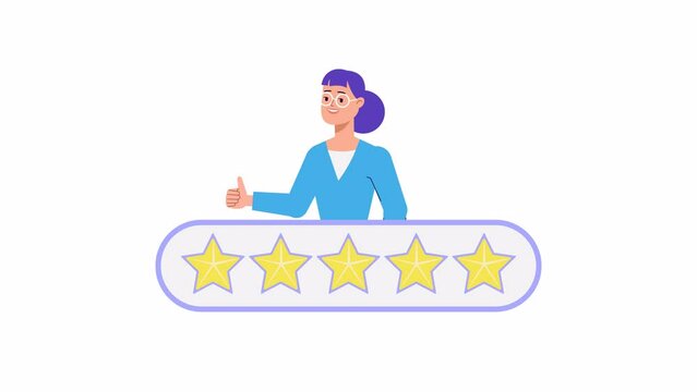 Five star rating feedback animation.  Woman character shows thumbs up. Customer and User review, Rate Stars. Good Experience, quality service. 2d Cartoon style animated footage