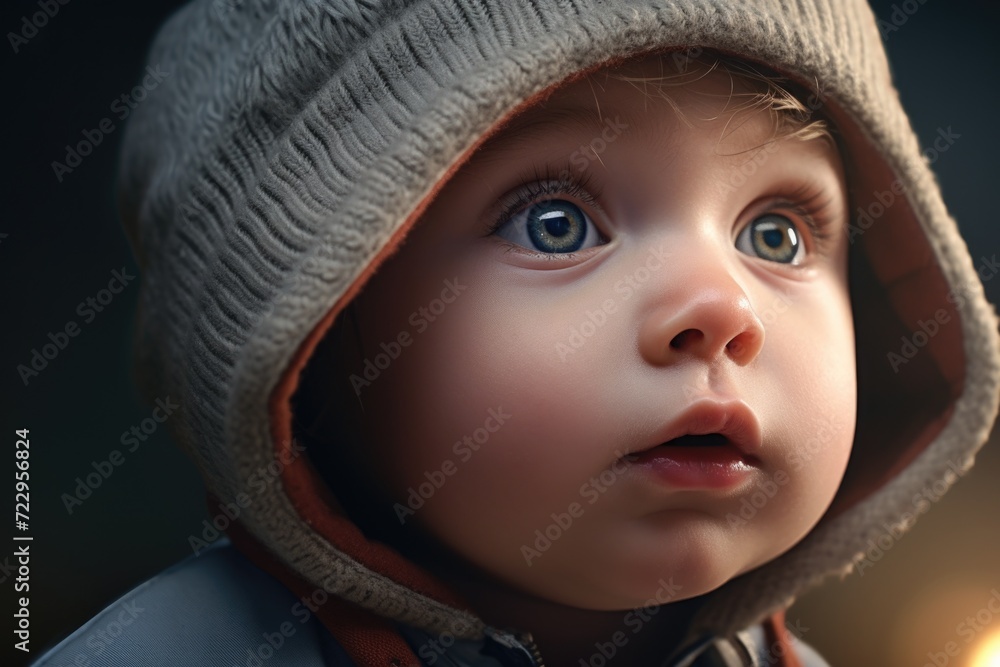 Poster a small child wearing a hat and making eye contact with the camera. this image can be used for vario