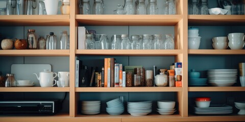 A shelf filled with a variety of dishes and glasses. Perfect for showcasing kitchenware or for illustrating a well-stocked pantry.
