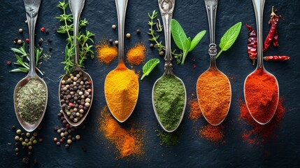 Beautiful composition of different spices and herbs - obrazy, fototapety, plakaty