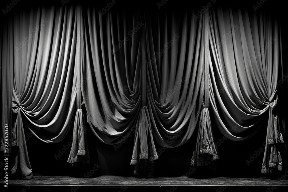Poster a black and white photo of a stage curtain. suitable for use in theater-related projects
