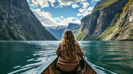 View from the back of a girl in a canoe floating on the water among the fjords. copy space for text. - obrazy, fototapety, plakaty