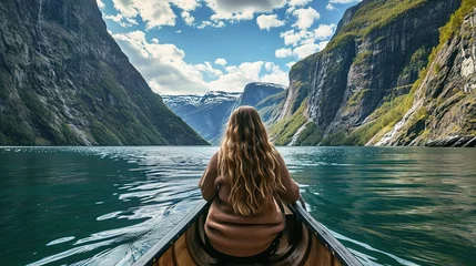 Foto op Canvas View from the back of a girl in a canoe floating on the water among the fjords. copy space for text. © Naknakhone
