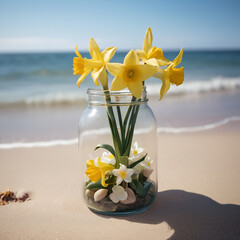 A Captivating Jonquil Jar Amidst Beach Serenity AI GENERATED