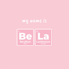 Vector inscription name BELA composed of individual elements of the periodic table. Text: My name is. Purple background