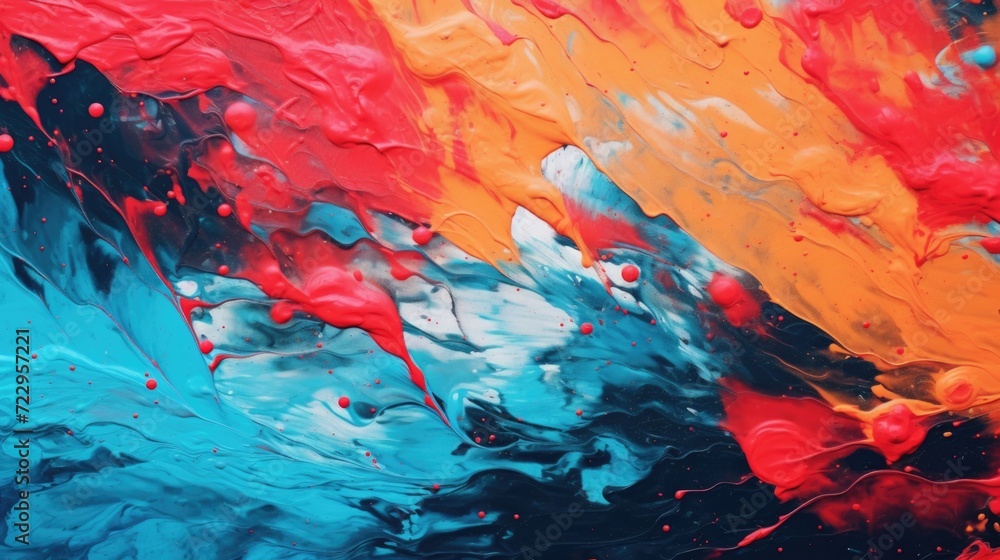 Poster A detailed close-up view of a painting featuring vibrant red and blue paint. Perfect for adding a pop of color to any design project