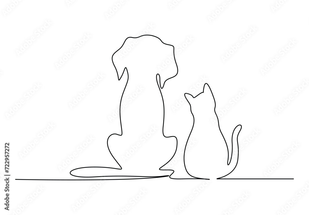 Poster continuous single line drawing of cat and dog logo symbol. isolated on white background vector illus