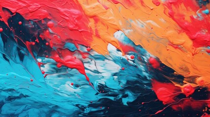 A detailed close-up view of a painting featuring vibrant red and blue paint. Perfect for adding a...