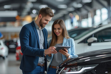 handsome shop assistant showing explaining to a male client customer car options information on digital tablet before buying choosing new car auto