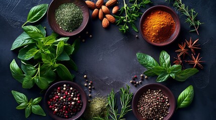 Beautiful composition of different spices and herbs