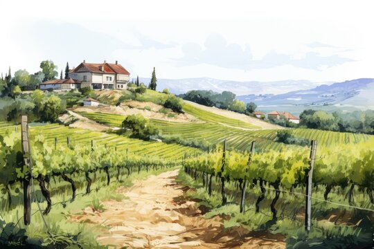 A picturesque painting of a vineyard with a charming house in the background. Perfect for wine enthusiasts or those seeking a tranquil countryside scene.