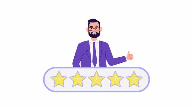 Five star rating feedback animation.  business man character shows thumbs up. Customer and User review, Rate Stars. Good Experience, quality service. 2d Cartoon style animated footage
