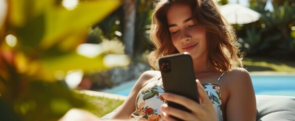 Young Woman Enjoying A Leisurely Day With Her Smartphone By The Poolside In A Serene Tropical Setting