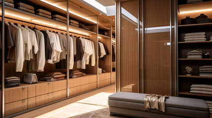 Obraz na płótnie Canvas Modern luxury stylish dark brown wood walk in closet, minimal walk in wardrobe dressing room interior.