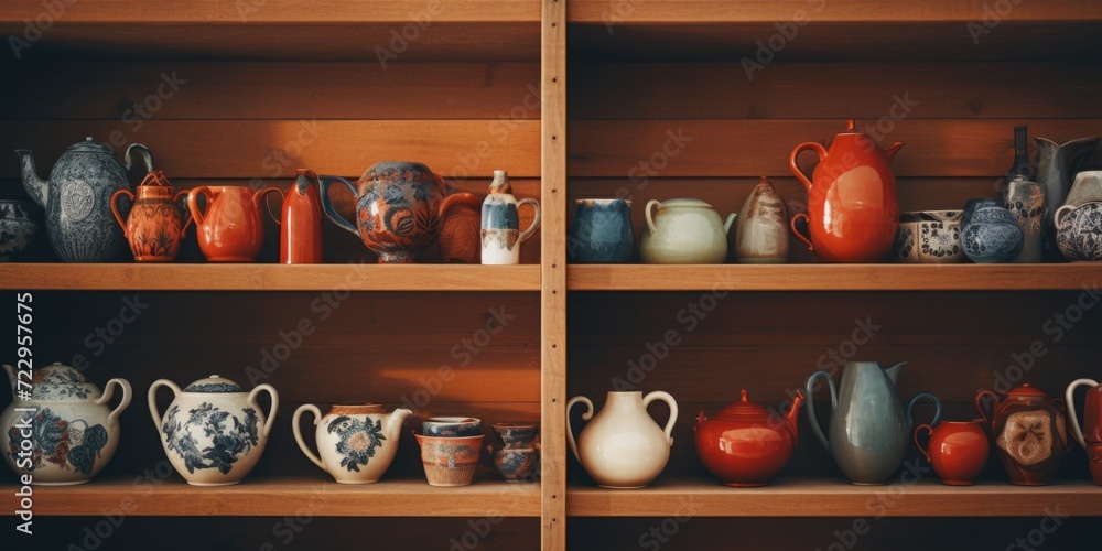 Poster a collection of various vases neatly arranged on a shelf. perfect for home decor or floral arrangeme