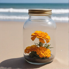 A Captivating Marigold Jar Amidst Beach Serenity AI GENERATED