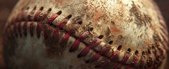 Obraz na płótnie Canvas Close-up of a Weathered Baseball with Stitches - The Essence of America's Favorite Pastime Frozen in Time, Revealing Years of Play and Memories