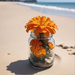 A Captivating Marigold Jar Amidst Beach Serenity AI GENERATED