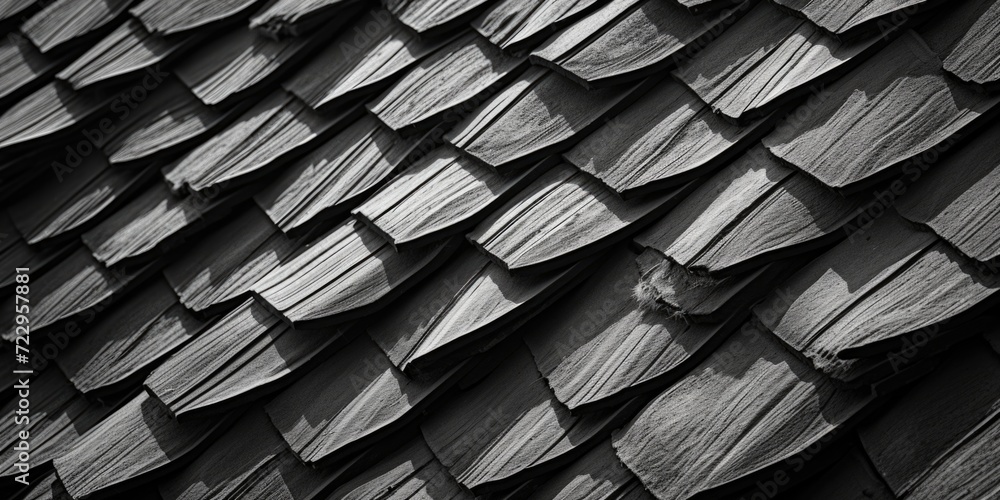 Fototapete a photo of a shingled roof in black and white. this image can be used to depict architectural detail
