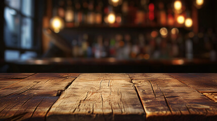 Naklejka premium Old wooden table in dark blurred bar