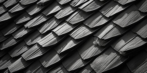 A photo of a shingled roof in black and white. This image can be used to depict architectural details or as a background for various design projects