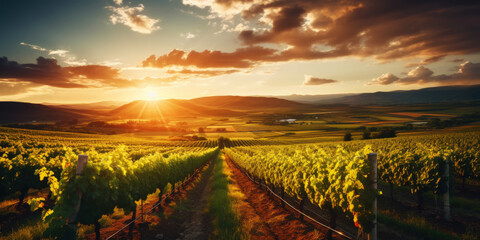 Vineyard landscape with an old winery building on a hill in a sunset sun rays. Rows of grapes....