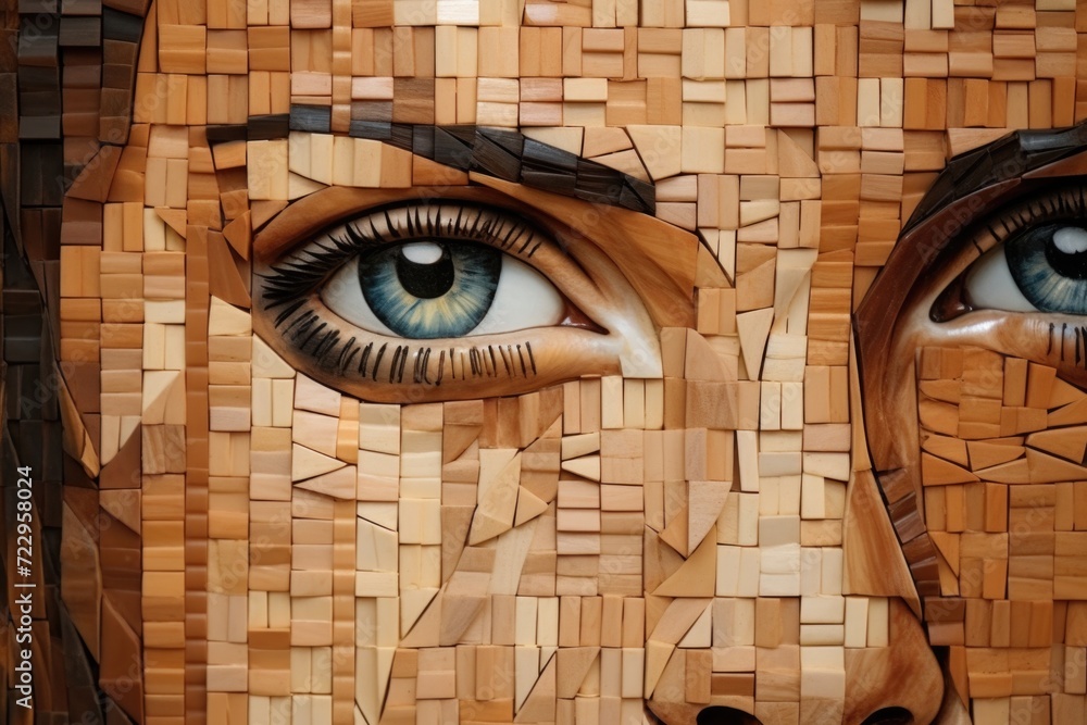 Poster a unique close-up of a person's face created using intricately carved pieces of wood.