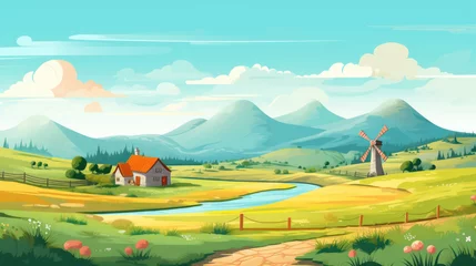 Poster Village in mountains, windmill landscape illustration in cartoon style. Scenery background for game © Pixel Pine