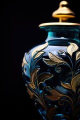 Blue vase with a gold lid placed on a sleek black background. Suitable for various home decor themes