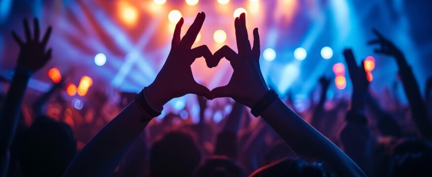 Captivating Scene of Love and Unity with Heart-Shaped Hands at a Vibrant Music Concert Celebration with Gleaming Stage Lights