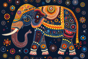 Folk art indian elephant, vector dot painting illustration - obrazy, fototapety, plakaty