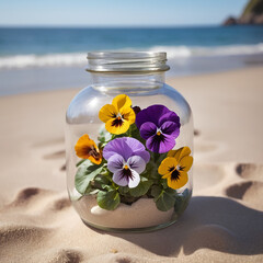 A Captivating Pansy Jar Amidst Beach Serenity AI GENERATED