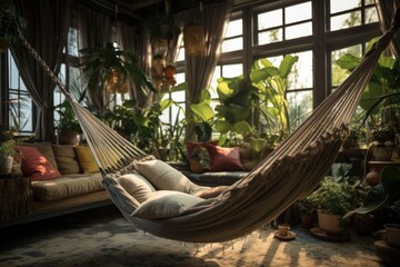 A cozy hammock hangs in a living room adorned with vibrant plants, creating a serene and natural atmosphere. Perfect for adding a touch of relaxation and nature to any indoor space
