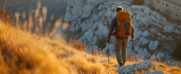 Obraz premium Solo Adventurer Trekking During Golden Hour on a Rugged Mountain Path with Picturesque Views and Glowing Grasslands