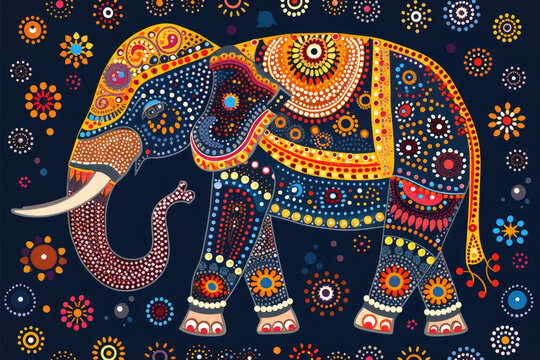 Folk art indian elephant, vector dot painting illustration