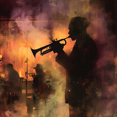 Jazz Album Cover: A 1940s Jazz album cover featuring a classic trumpet player against the backdrop of a smoky, dimly lit jazz club