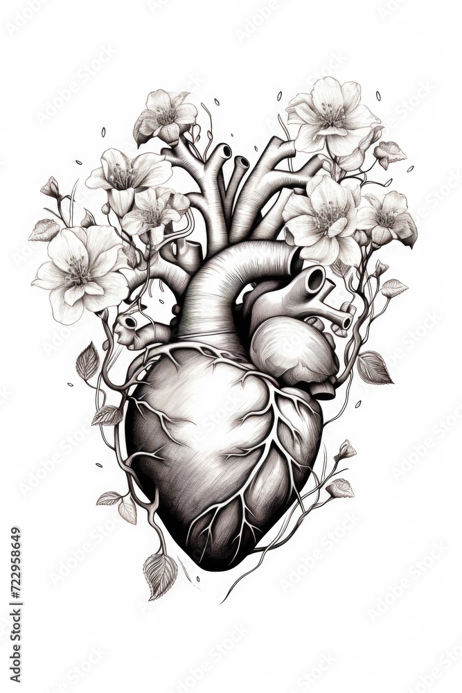 Poster a simple and elegant drawing of a heart shape surrounded by beautiful flowers. perfect for expressin