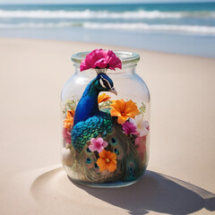 A Captivating Peacock Flower Jar Amidst Beach Serenity AI GENERATED