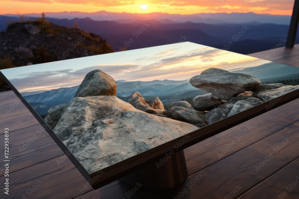 Poster a beautiful sunset captured on a table. perfect for adding a touch of serenity and natural beauty to