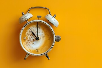 coffee latte alarm clock on a yellow background - obrazy, fototapety, plakaty